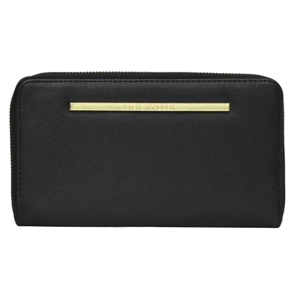 Steve Madden Zip Around Wallet Black Gold Bar Logo 12 Slot Card Organizer